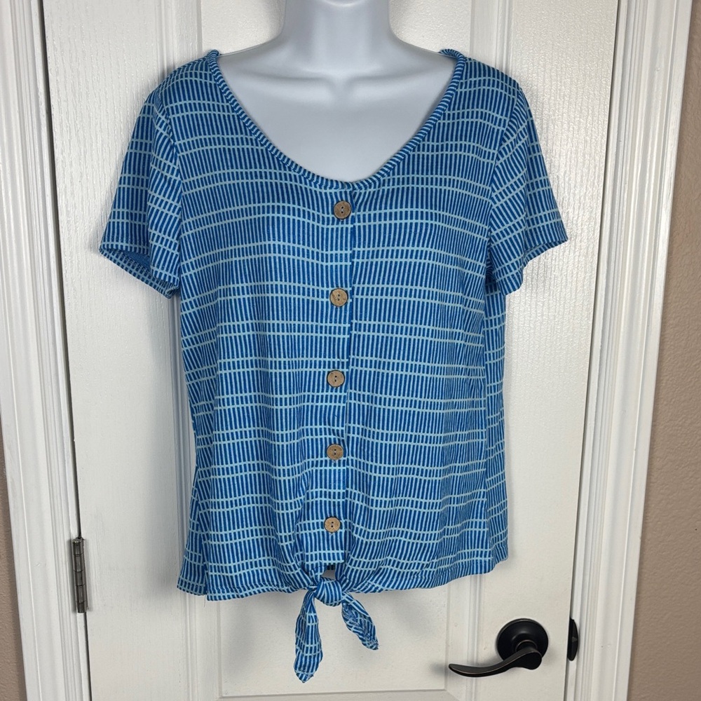 Notations Women's Casual Blue Button Down Waist Tie Short Sleeve Shirt Sz M NWT